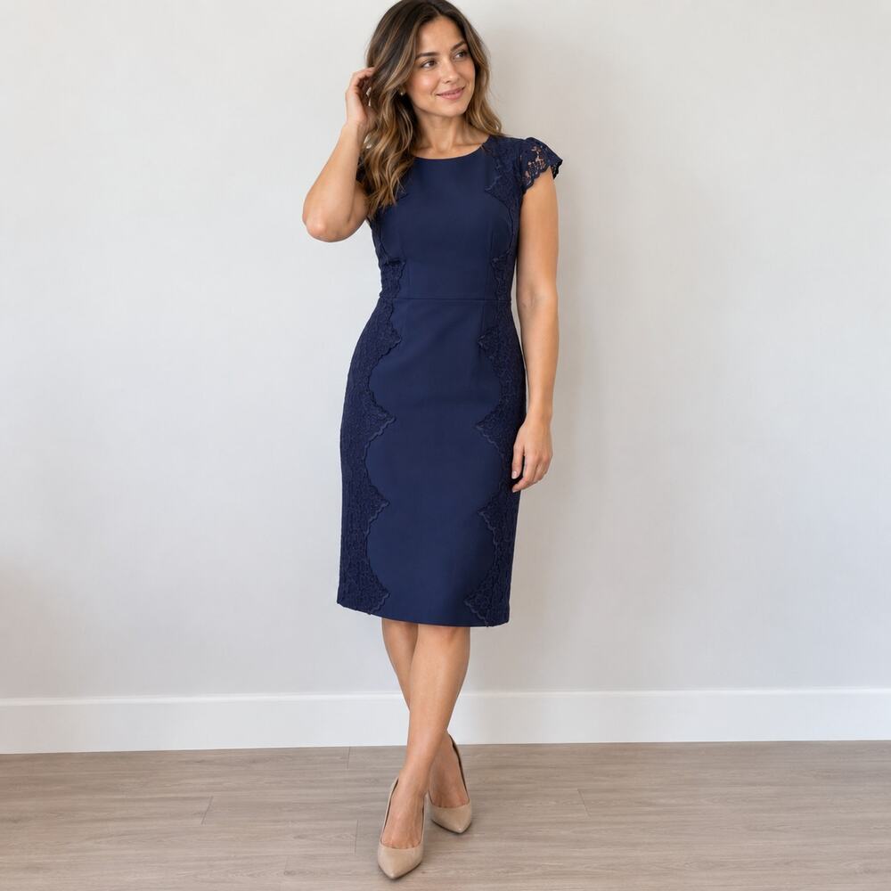 Adrianna Papell Navy Lace Sheath Dress Women’s 4 Cap Sleeve Cocktail